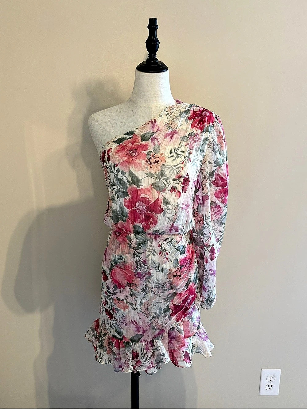 Express Metallic Floral One Shoulder Romper in Pink/White/Green